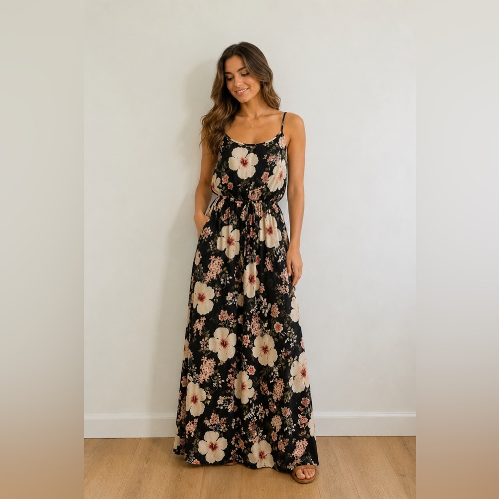 Streetwear Society Black Floral Maxi Dress with Cream Blooms